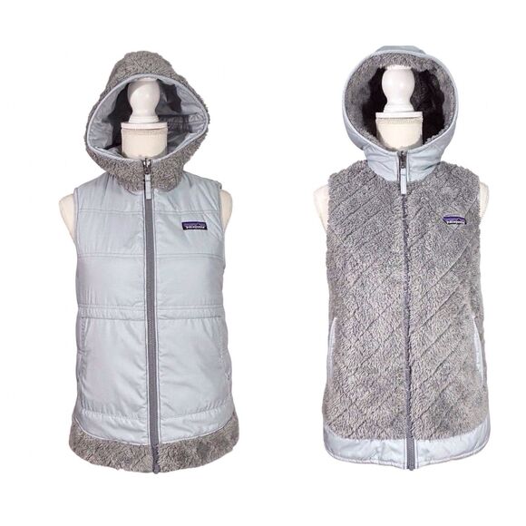 Patagonia Womens Reversible Hooded Vest Los Gatos Gray Small Quilted Fleece READ - Picture 1 of 15